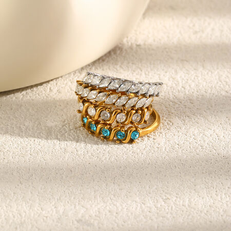 Luxurious Series Simple Irregular Shape Stainless Steel Waterproof Gold Color Zircon Women's Gemstone Rings