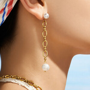 Boucles D'Oreilles Pendantes Pour Femme, Style Patchwork Décontracté, En Acier Inoxydable, Couleur Or, Ornées De Perles. Collection Simple Series. h5 Image4