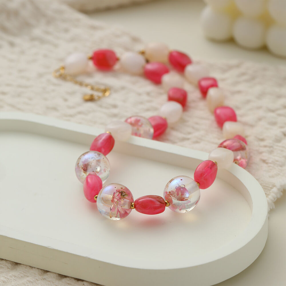 Romantic Series Sweet Flower Chain Stainless Steel Waterproof Beaded Necklaces Picture3