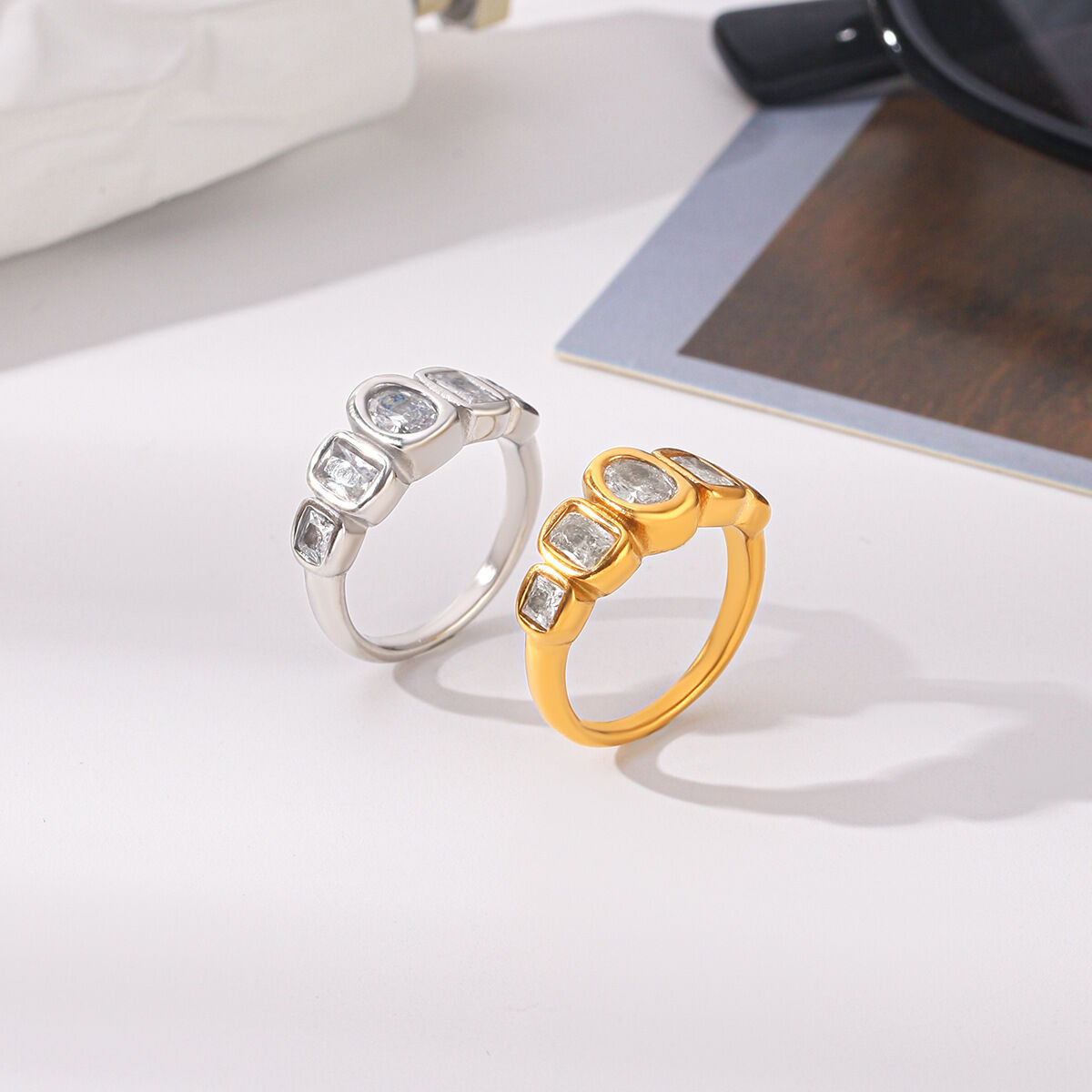 Simple Series Daily Circle Ellipse Shape Stainless Steel Waterproof   Gold Color  Zircon Gemstone Rings Picture5