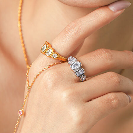 Simple Series Daily Circle Ellipse Shape Stainless Steel Waterproof Gold Color Zircon Gemstone Rings