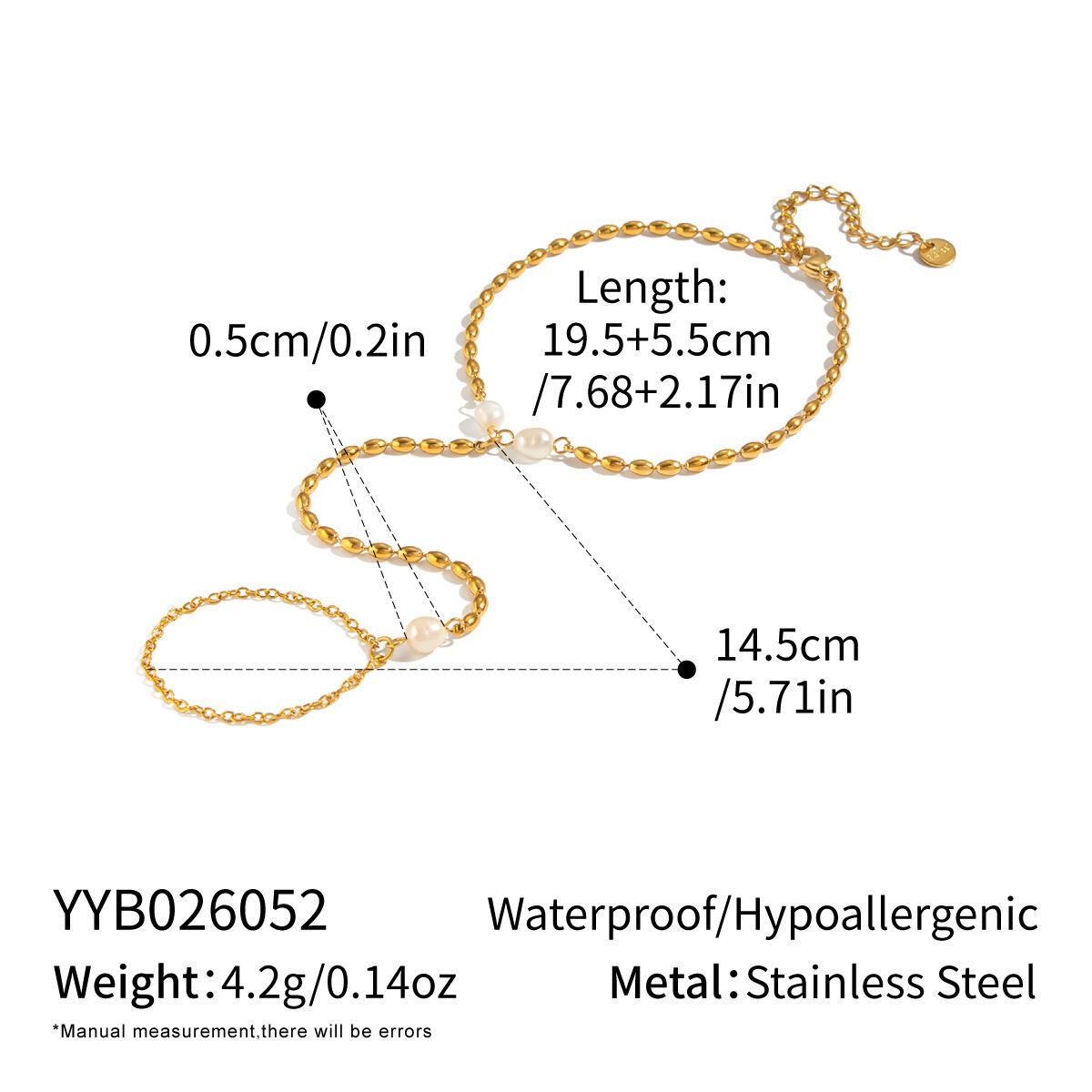 Beads Stainless Steel Gold Color Waterproof Freshwater Pearl Women's Hand Chain h5 