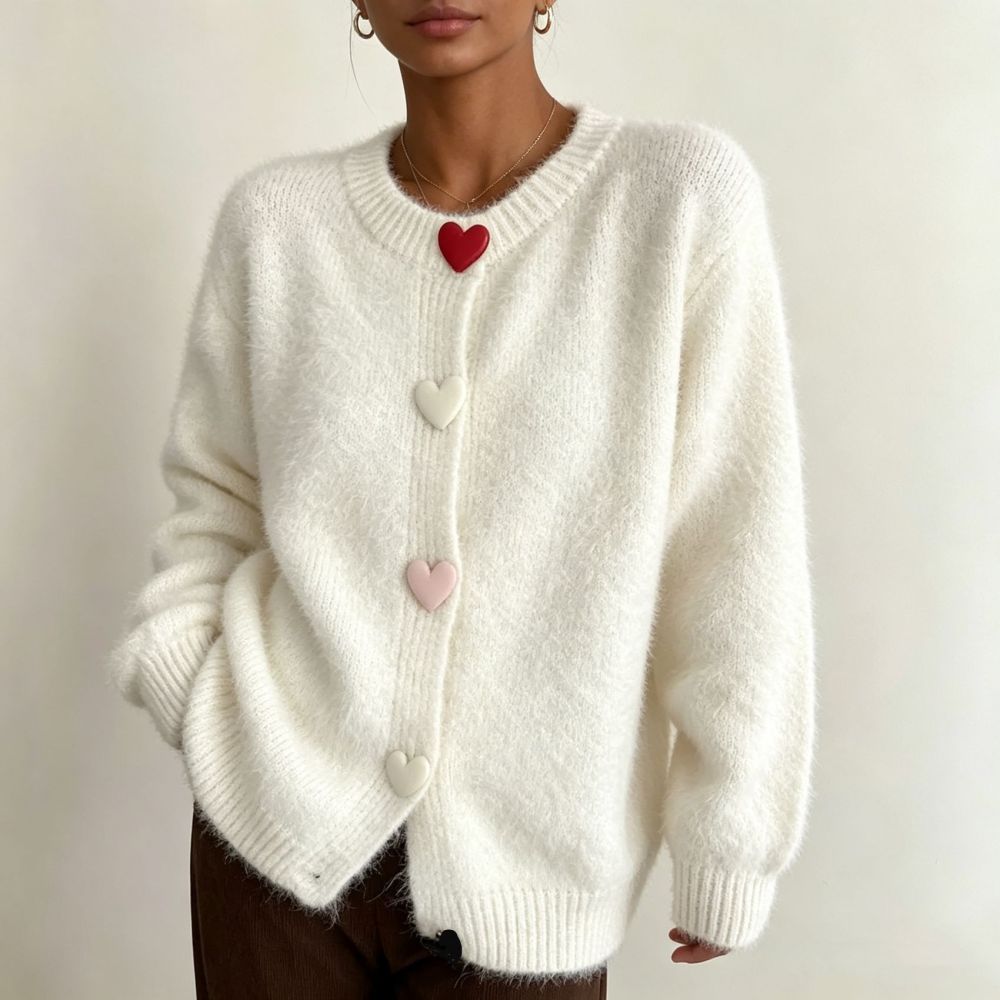 Elegant Solid Color Heart Button Straight Knit Cardigan h5Picture2