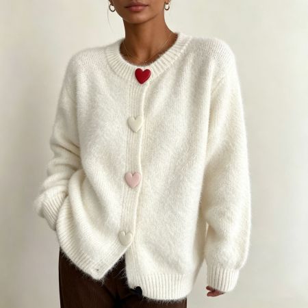 Elegant Solid Color Heart Button Straight Knit Cardigan 2