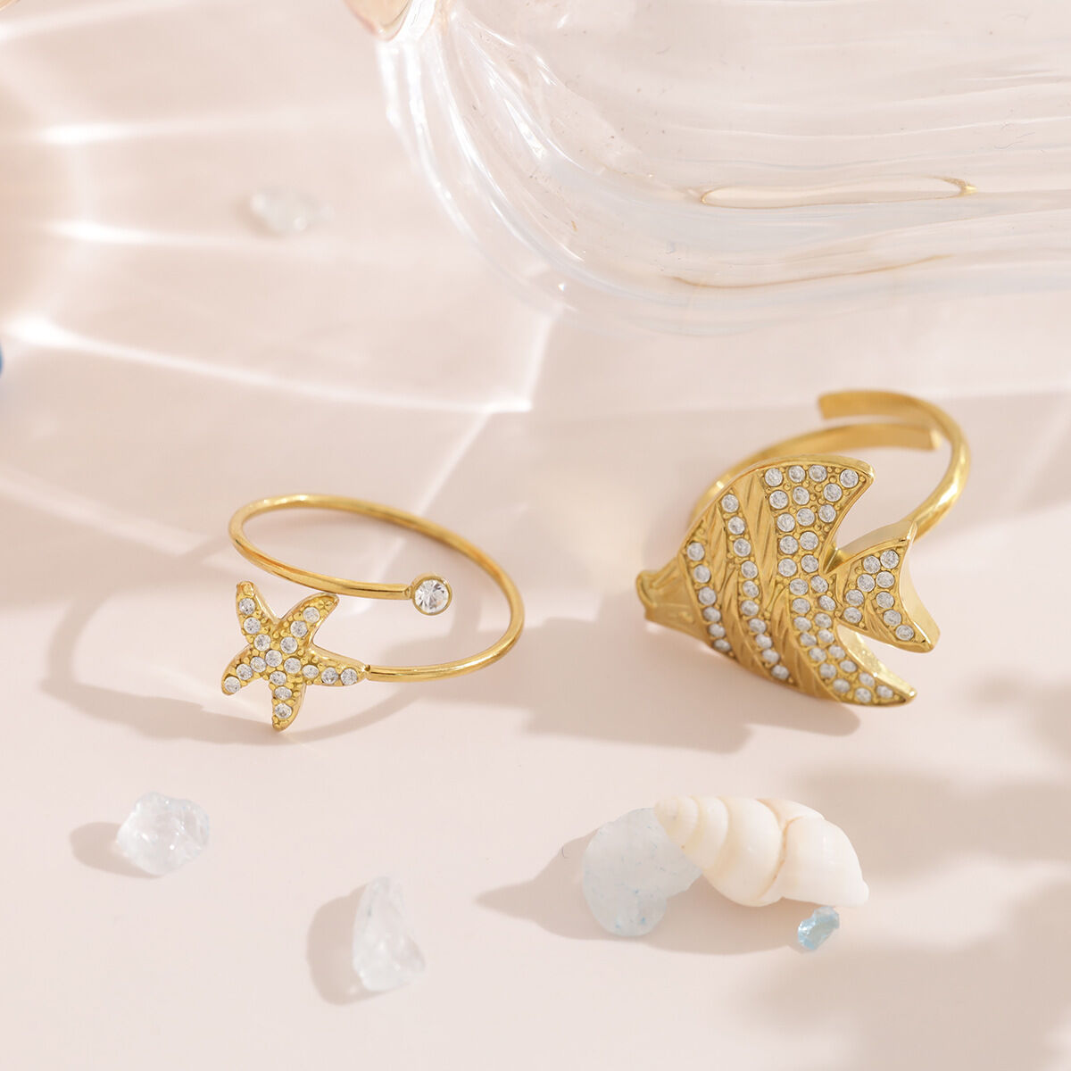 Vacation Oceanic Style Fish Stainless Steel Waterproof Gold Color Rhinestone Statement Rings h5 Picture3
