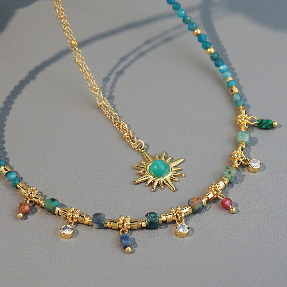 Retro Sun Beads Natural Stones Gold Color Women's Beaded Necklaces Picture2