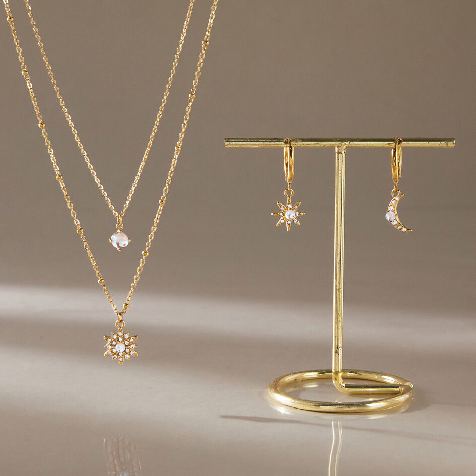 Conjuntos De Collares Para Mujer De La Serie Romántica Retro Sol Y Luna, De Acero Inoxidable, Impermeables Y Color Dorado.