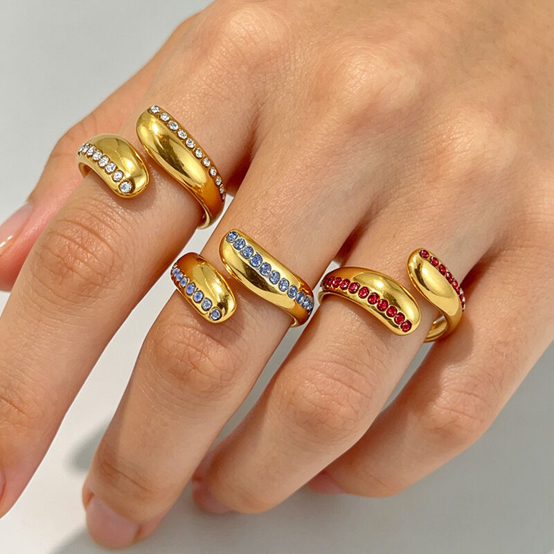 Simple Stainless Steel Waterproof Gold Color Rhinestone Women's Gemstone Rings