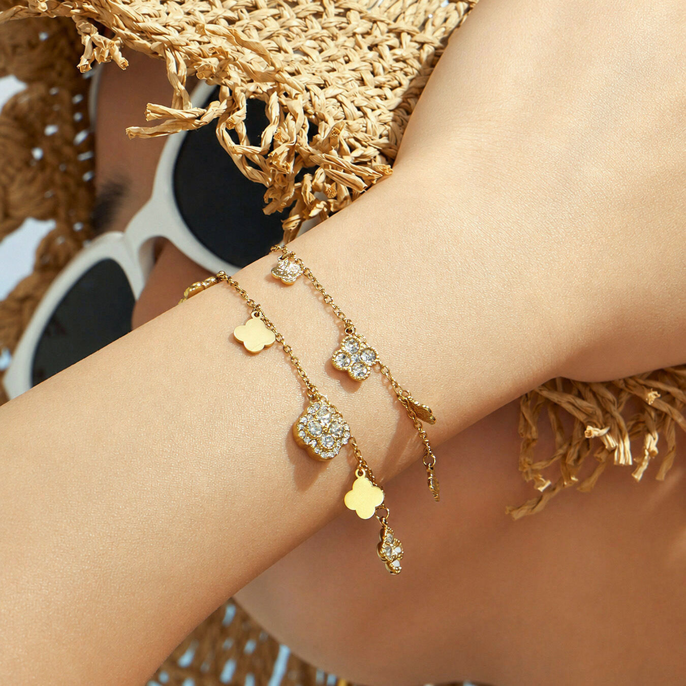 Luxurious Series Elegant Clover Stainless Steel Waterproof   Gold Color  Zircon Women's Charm Bracelets 2