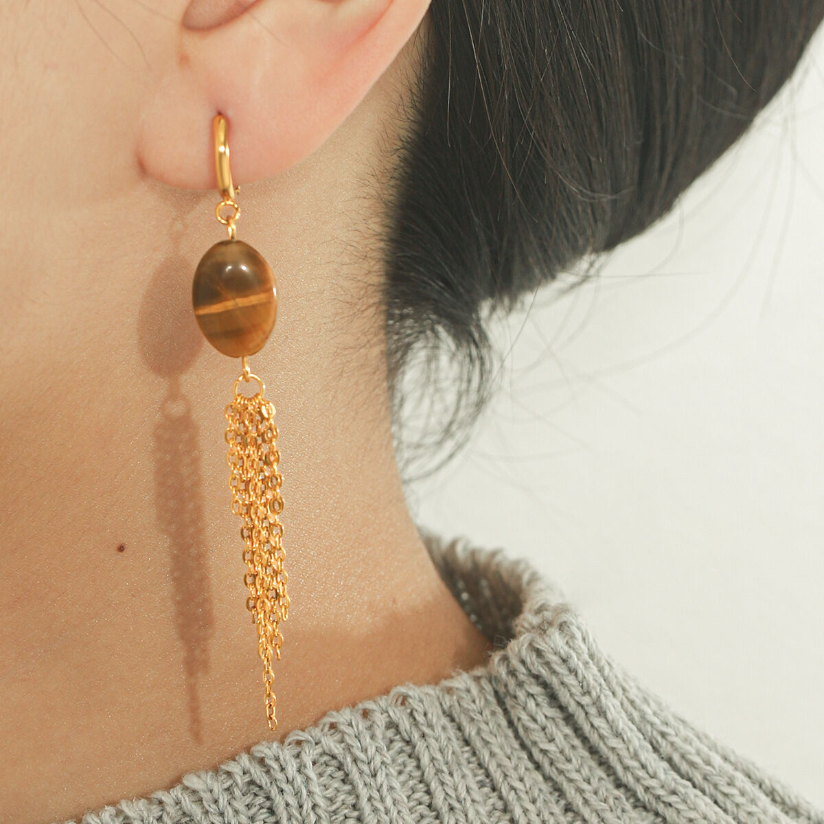 Pendientes Colgantes Para Mujer De La Serie Simple Daily Heart Con Borla, De Acero Inoxidable, Resistentes Al Agua, Color Dorado Y Piedra Natural. Imagen4