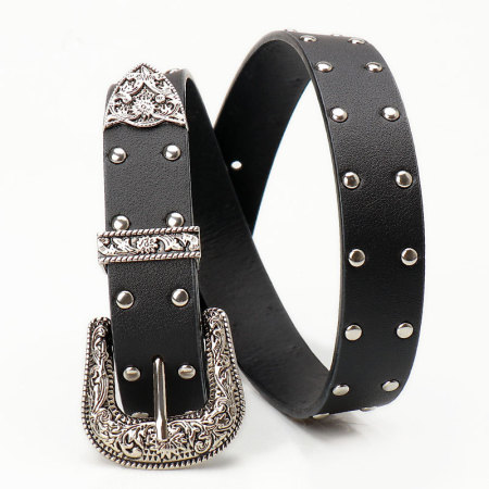 Ethnic Series Retro Flower Solid Color Rivet Pu Leather Belt 2