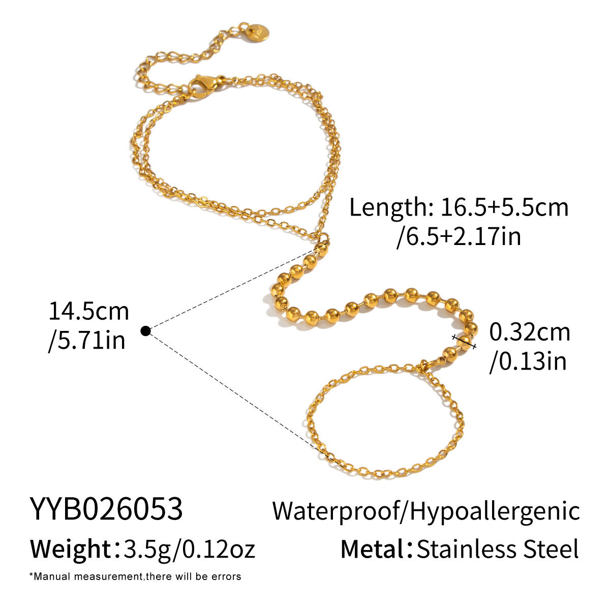 Beads Stainless Steel Waterproof Gold Color Women's Hand Chain 