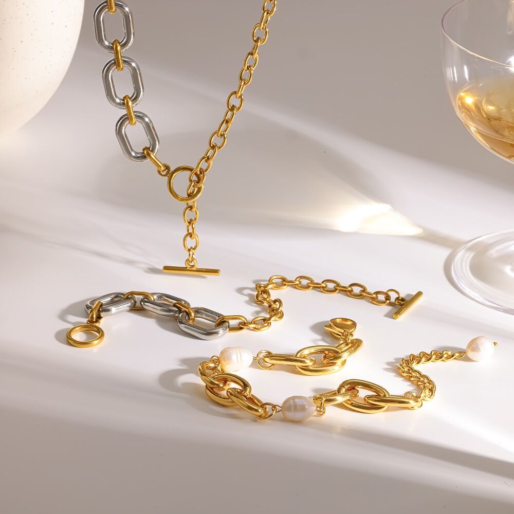 Classic Series Chain Stainless Steel Waterproof Gold Color Women's Necklace Sets h5 Picture2