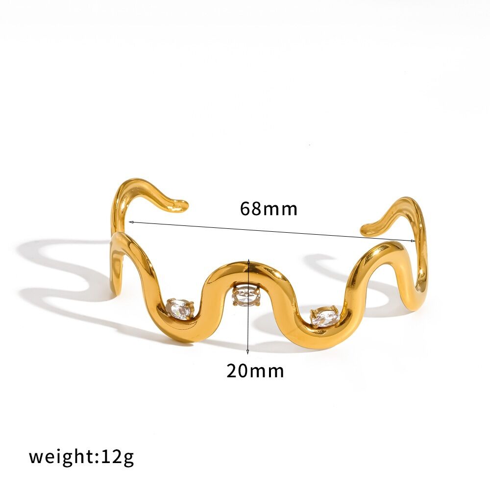 Simple Geometric Shape Stainless Steel Waterproof Gold Color Rhinestone Women's Cuff Bracelets