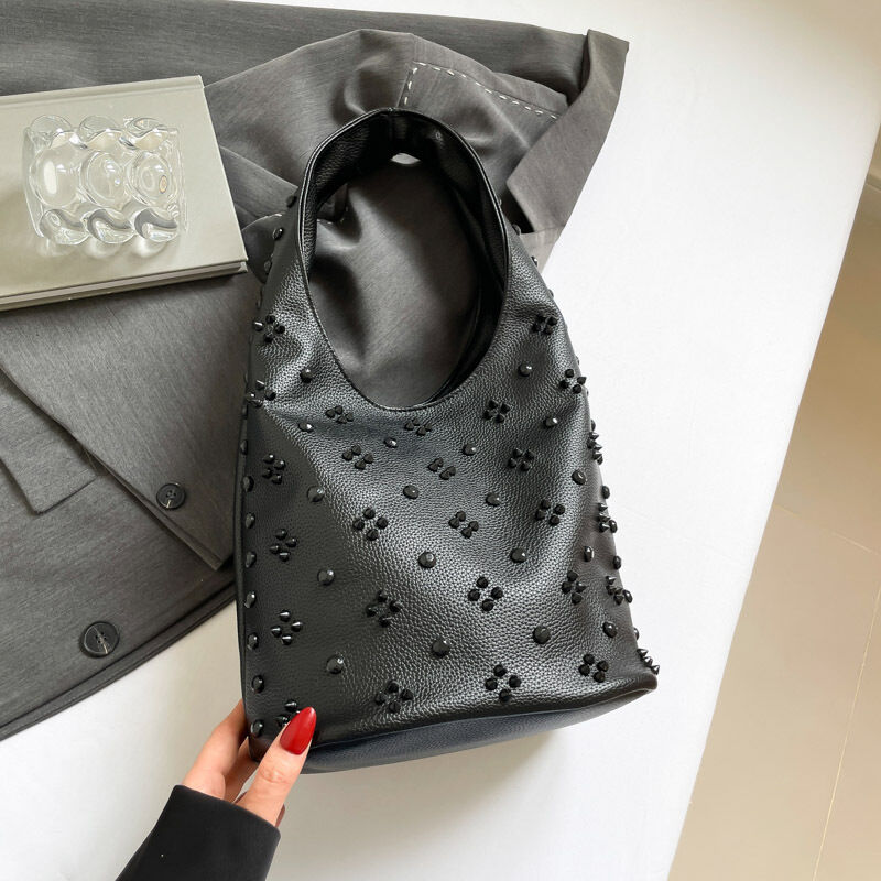 Casual Stijl, Effen Kleur, Met Studs En Klinknagels, Premium Kwaliteit Pu Dames Bucket Handtas 