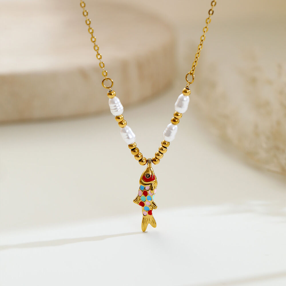 Eenvoudige Serie Dagelijkse Ketting Met Visvormige Hanger, Roestvrij Staal, Waterdicht, Goudkleurig, Dameshanger Afbeelding3