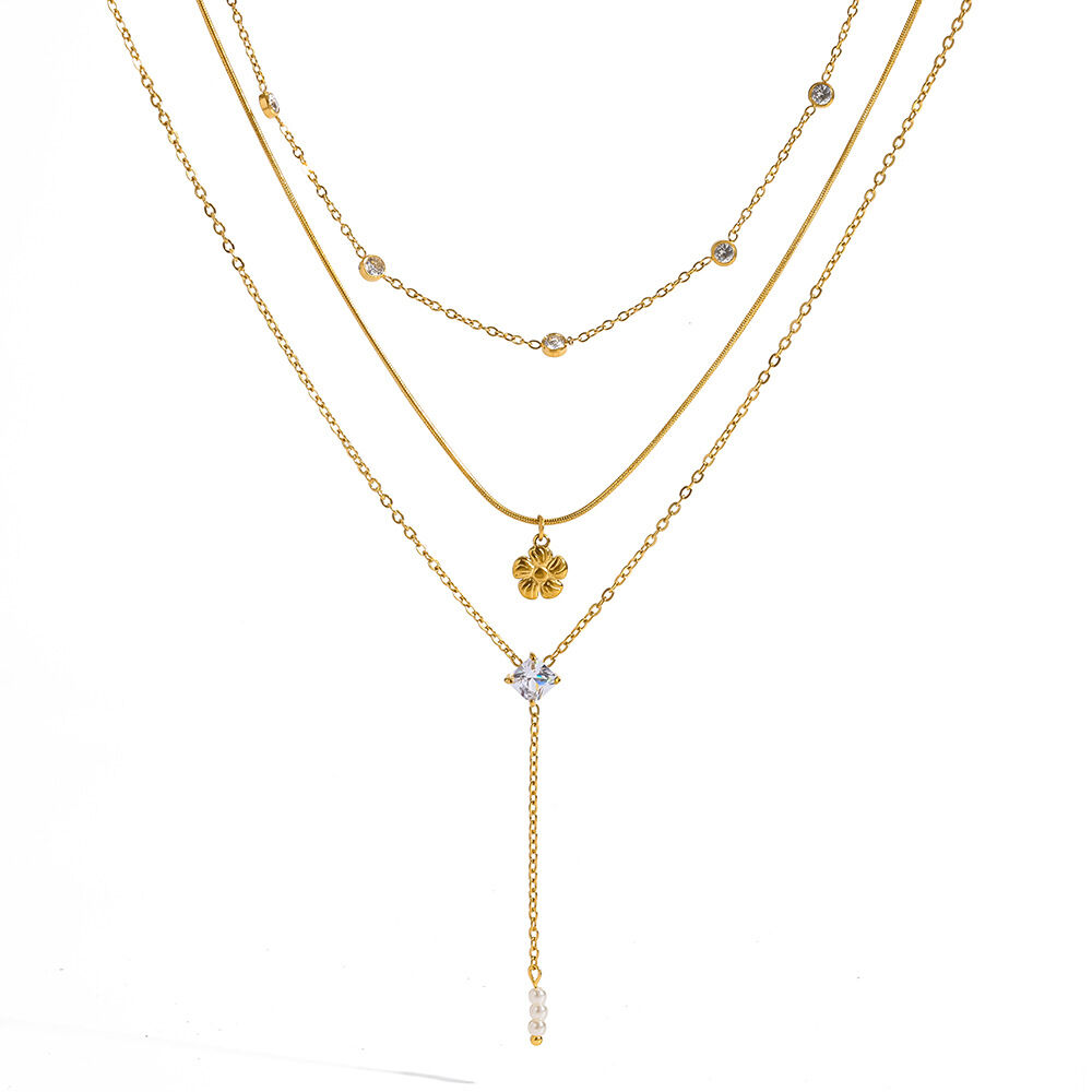 Romantic Series Elegant Flower Stainless Steel Waterproof Gold Color Women's Layered Necklaces Picture4