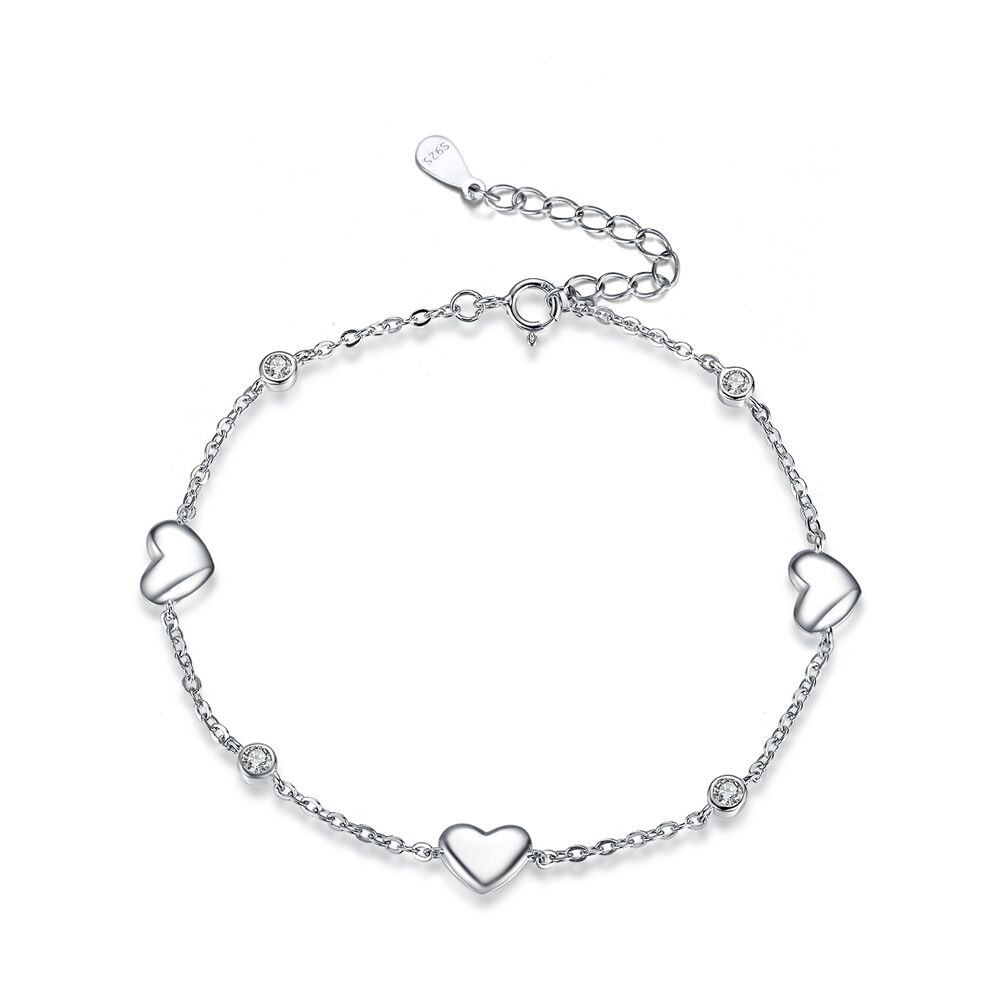 Bracelet En Argent Sterling 925 Plaqué Rhodium, Collection Simple Series Sweet Heart Chain, Pour Femme. h5
