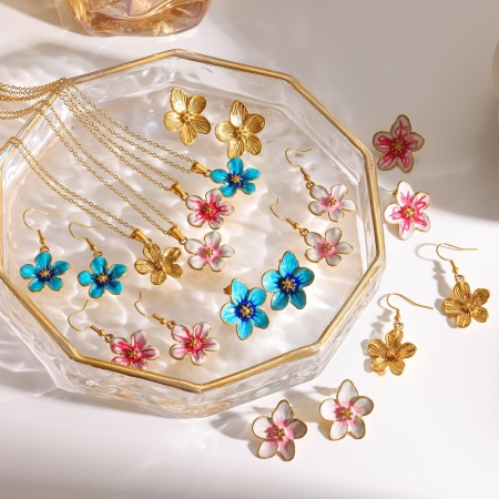 Romantic Series Enamel Flower Stainless Steel Waterproof Gold Color Women's Necklace Sets