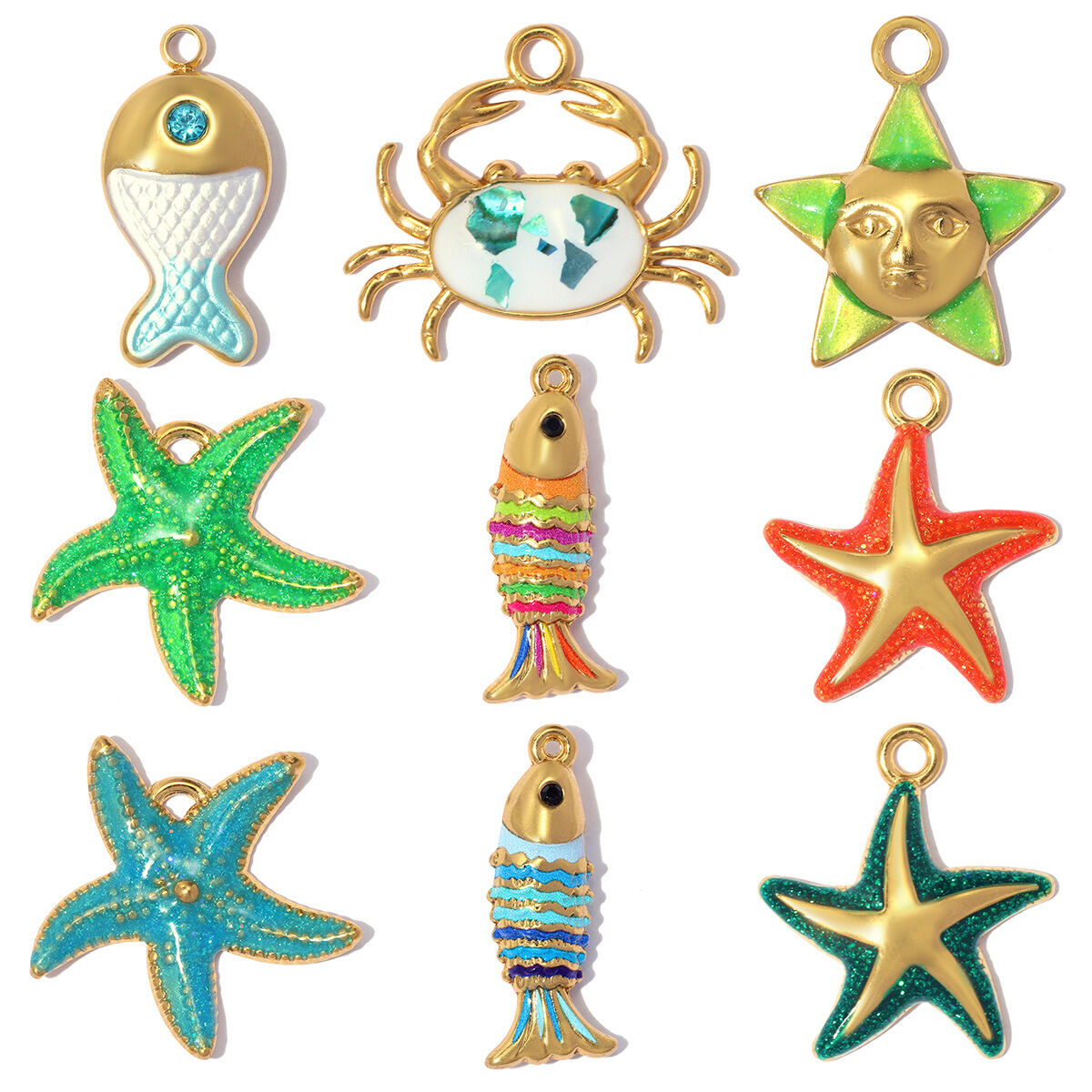Ciondoli da donna della serie Romantica, fai da te, a forma di pesce e stella marina, in acciaio inossidabile impermeabile color oro.