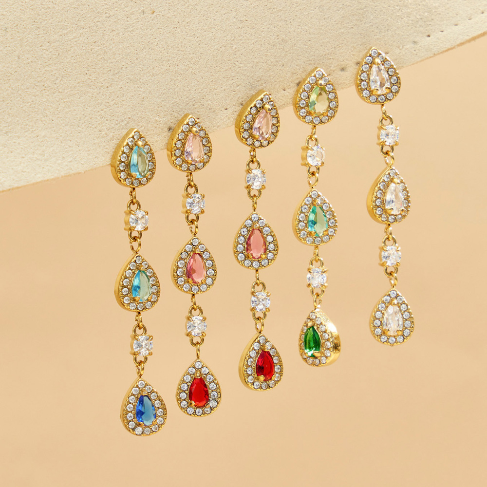 Luxurious Series Droplet Stainless Steel Waterproof Gold Color Zircon Women's Dangle Earrings Picture4