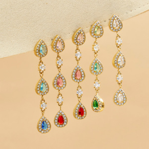 Luxurious Series Droplet Stainless Steel Waterproof Gold Color Zircon Women's Dangle Earrings h5 Picture4