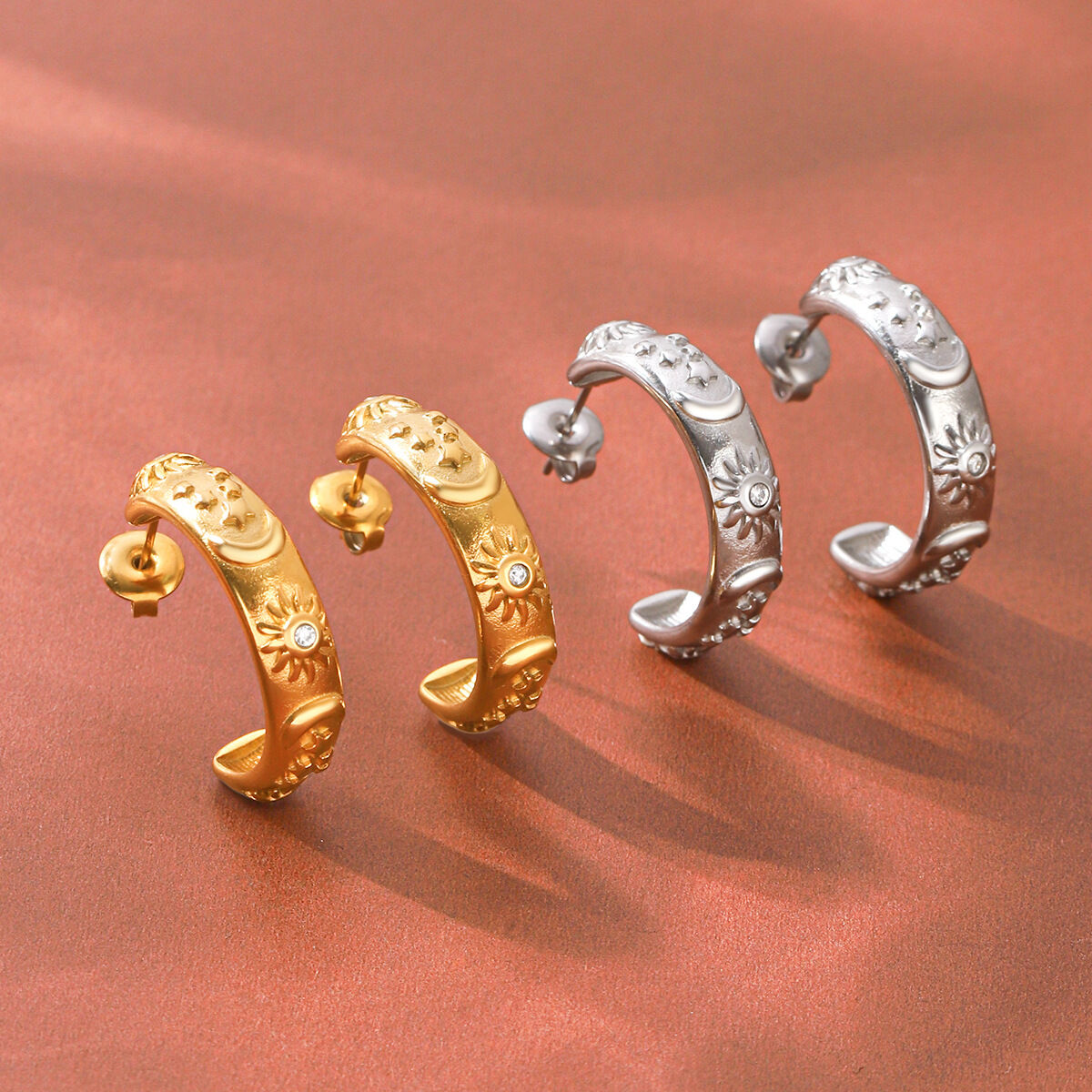 Retro Series Daily Sun Star Moon Stainless Steel Waterproof Gold Color Zircon Women's Stud Earrings