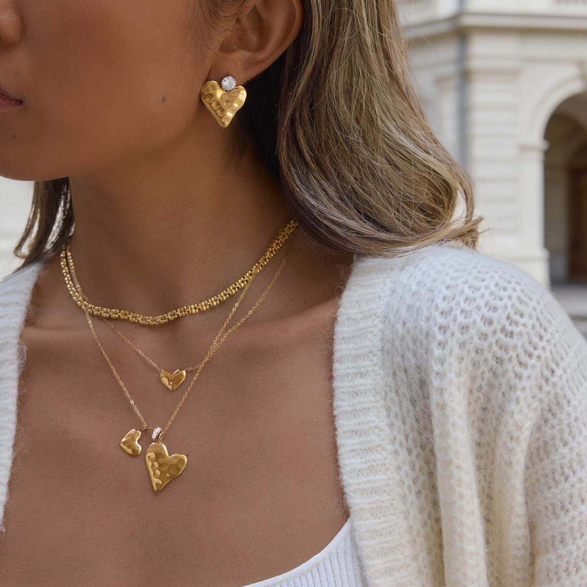Conjunto De Collares Para Mujer De La Serie Romantic Simple Heart, De Acero Inoxidable, Resistentes Al Agua Y Color Dorado.