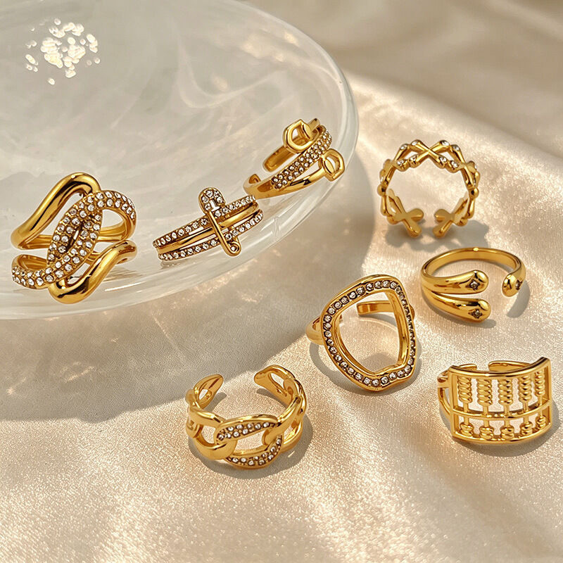 Unregelmäßig Geformte, Wasserdichte Statement-Ringe Aus Edelstahl In Goldfarbe Mit Strasssteinen Bild4