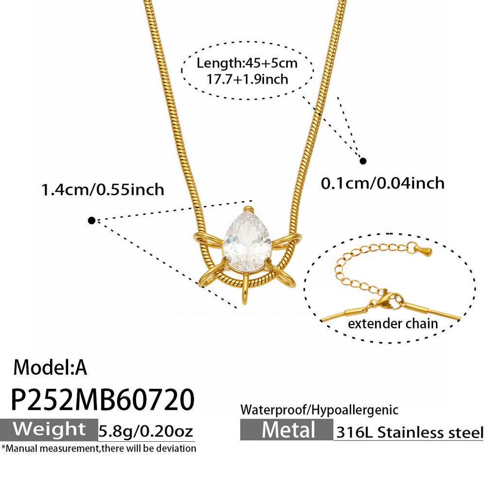 Simple Droplet Ellipse Shape Zircon Stainless Steel Waterproof Gold Color Women's Pendant Necklaces