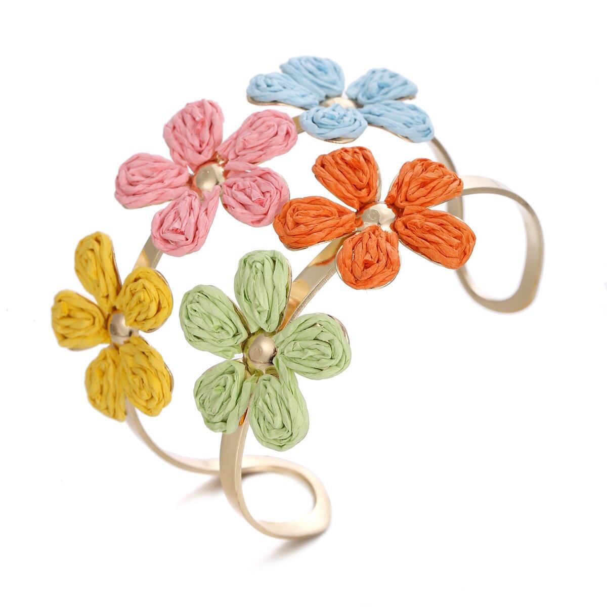Romantic Series Vacation Flower Hollowed-Out Woven Raffia Women's Bangles Picture3