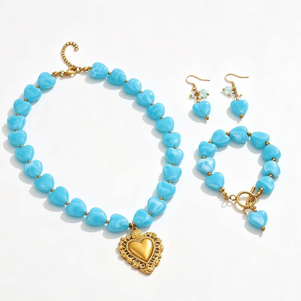 Romantic Series Vacation Heart Beads Stainless Steel Waterproof Gold Color Women's Jewelry Sets h5Picture5