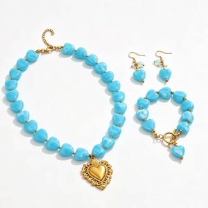 Romantic Series Vacation Heart Beads Stainless Steel Waterproof Gold Color Women's Jewelry Sets h5 Picture5