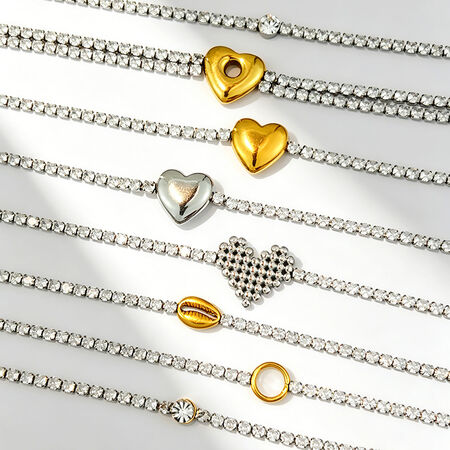 Simple Series Heart Stainless Steel Waterproof Gold Color Rhinestone Women's Chain Bracelets