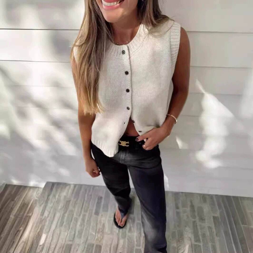 Gilet Da Donna In Maglia A Girocollo, Tinta Unita E Dal Design Minimalista. h5 Immagine3