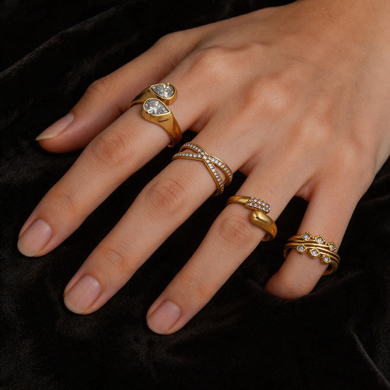 Simple Irregular Shape Stainless Steel Waterproof Gold Color Rhinestone Zircon Women's Gemstone Rings h5Picture3