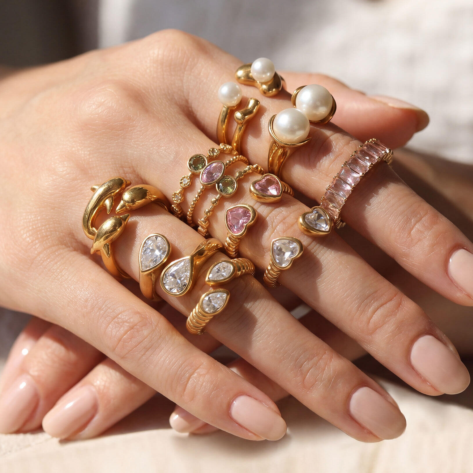 Luxe serie elegante, onregelmatig gevormde, waterdichte, goudkleurige zirkonia damesringen met edelsteen.