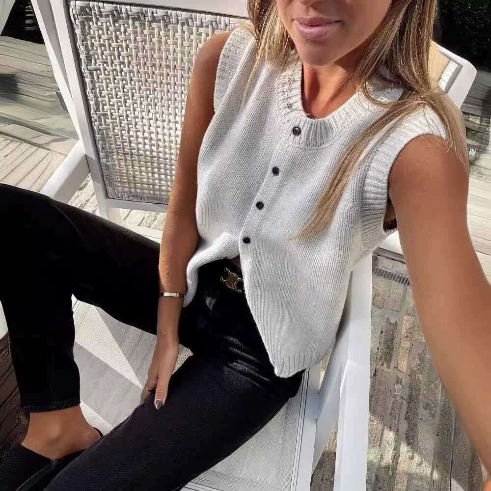 Minimalist Düz Renk Yumuşak Yuvarlak Yaka Kadın Örme Yelek 2
