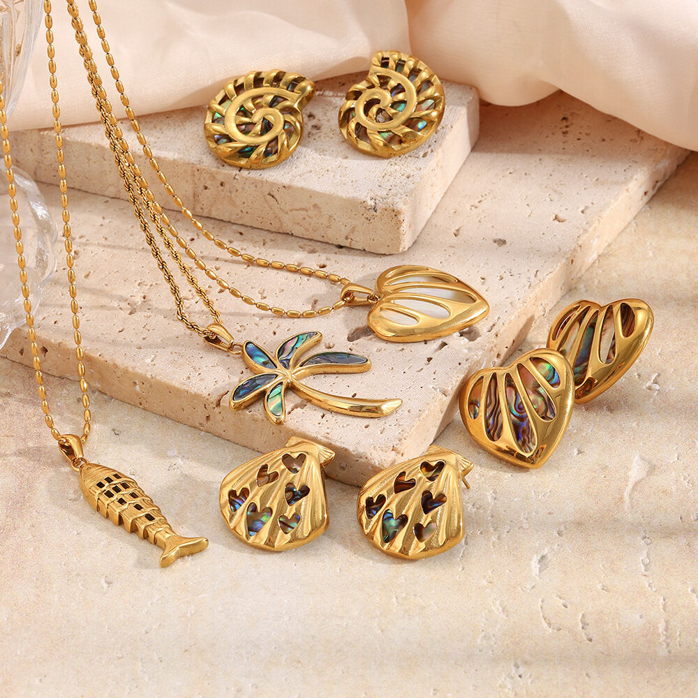 Romantic Series Oceanic Style Shell Fish Stainless Steel Waterproof   Gold Color  Women's Jewelry Sets