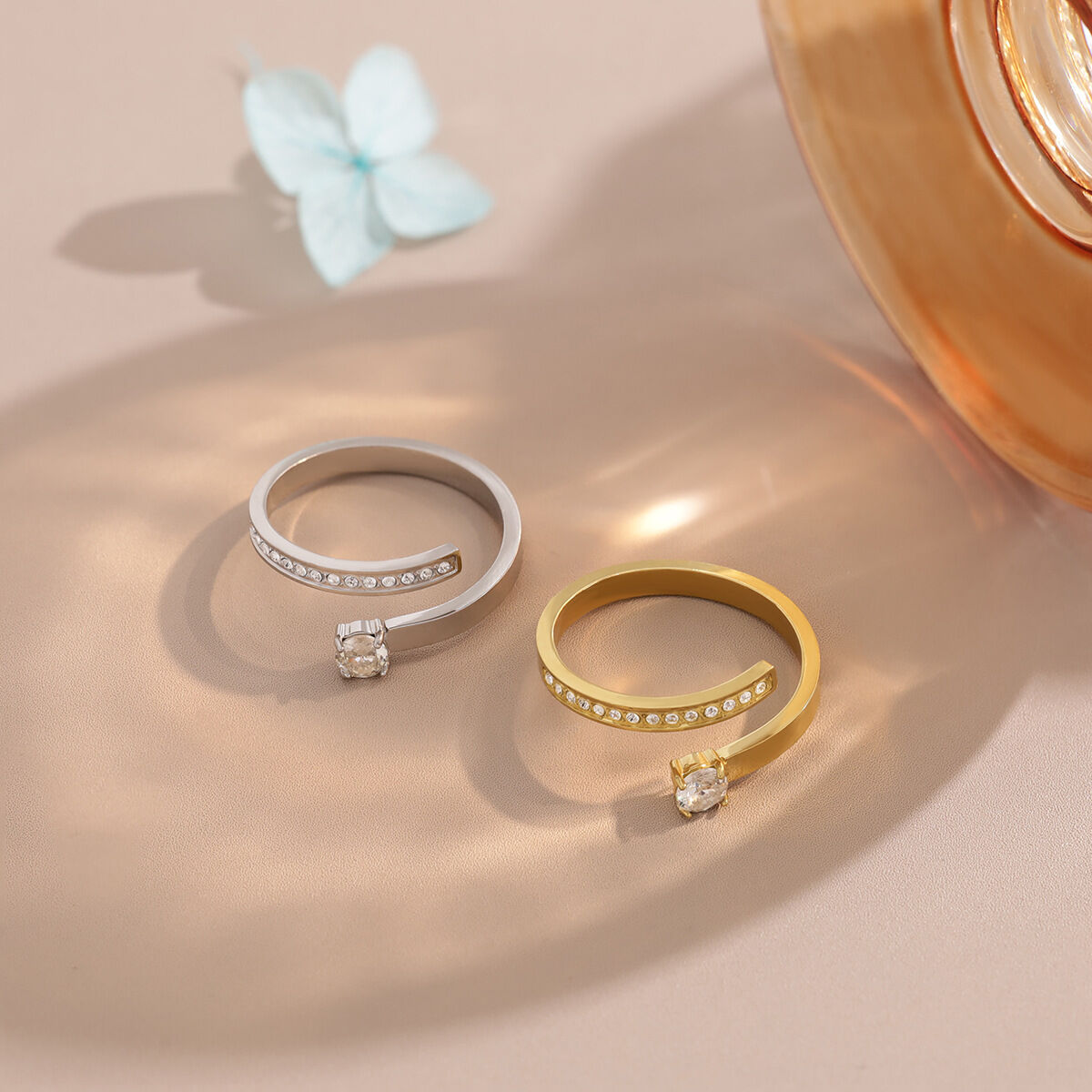 Simple Series Geometric Shape Stainless Steel Waterproof Gold Color Rhinestone Women's Gemstone Rings