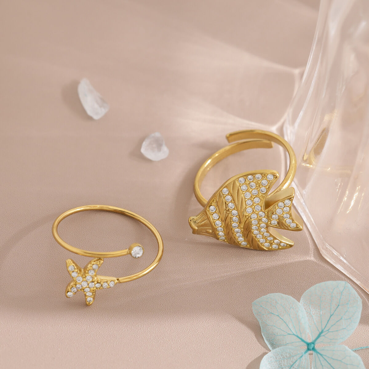 Vacation Oceanic Style Fish Stainless Steel Waterproof Gold Color Rhinestone Statement Rings