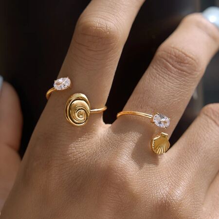 Oceanic Style Shell Shape Stainless Steel Waterproof Gold Color Zircon Women's Gemstone Rings 2