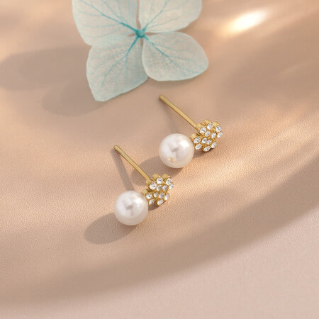 Elegant Flower Stainless Steel Waterproof Gold Color Rhinestone Artificial Pearl Women's Stud Earrings