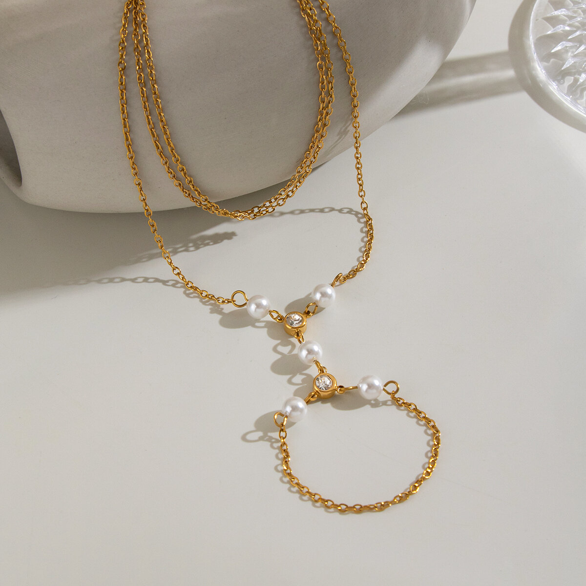 Chain Stainless Steel Waterproof Gold Color Artificial Pearl Women's Hand Chain h5 Picture3
