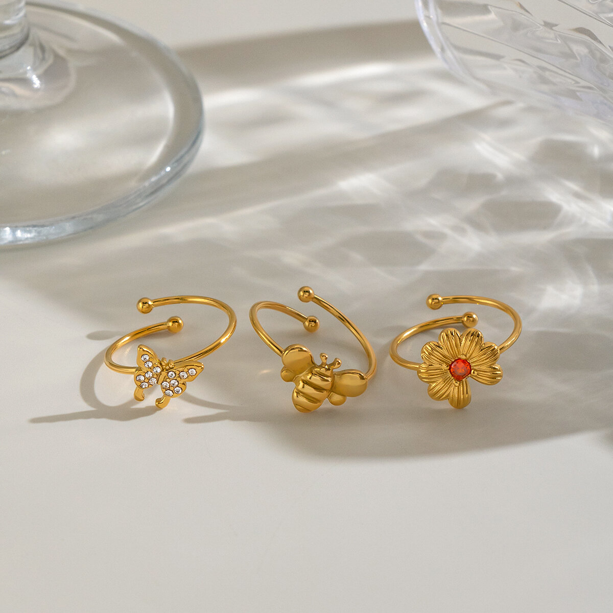 Sweet Flower & Butterful Shape Stainless Steel Waterproof  Gold Color Women's Rings Set h5 Picture6