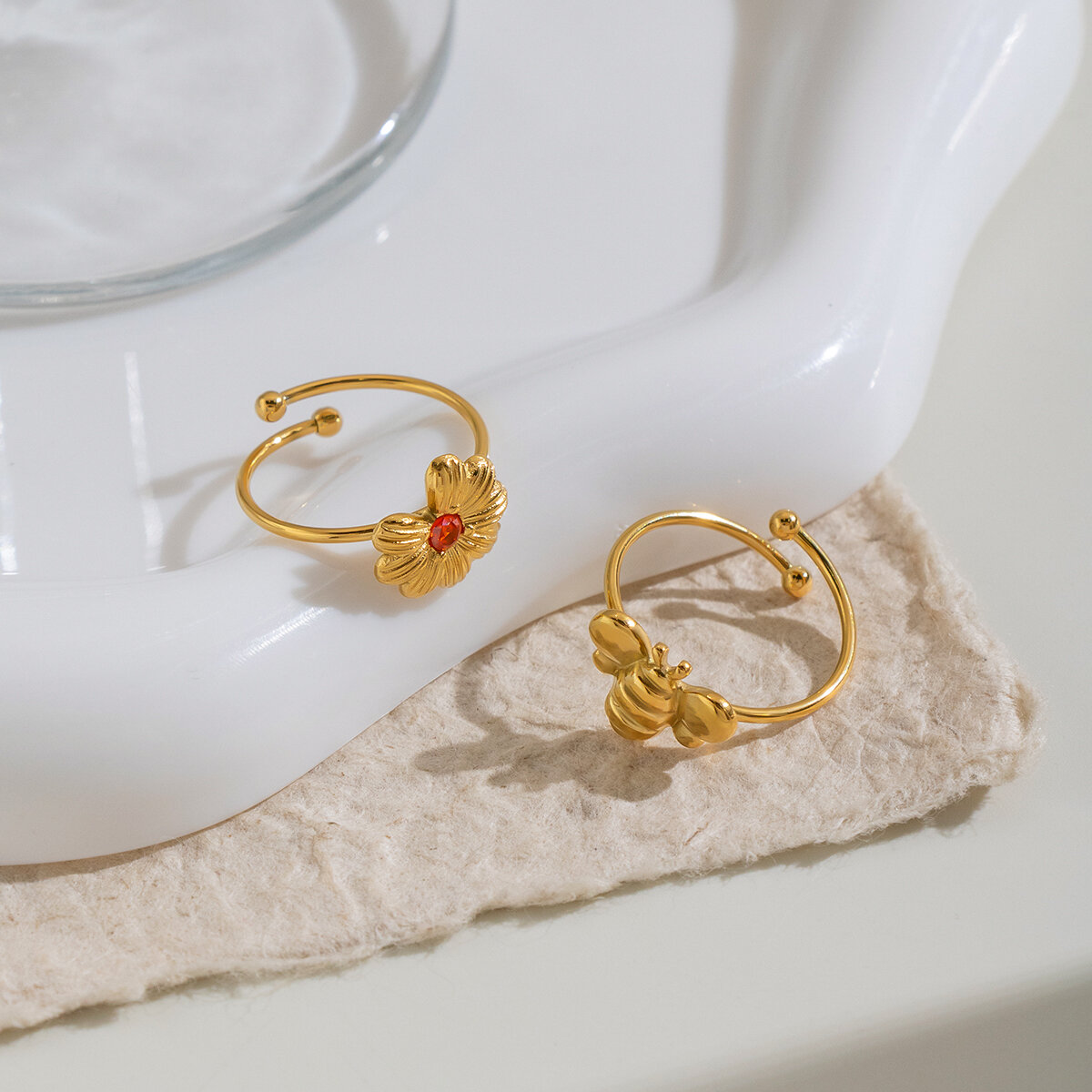 Sweet Flower & Butterful Shape Stainless Steel Waterproof  Gold Color Women's Rings Set h5 Picture4