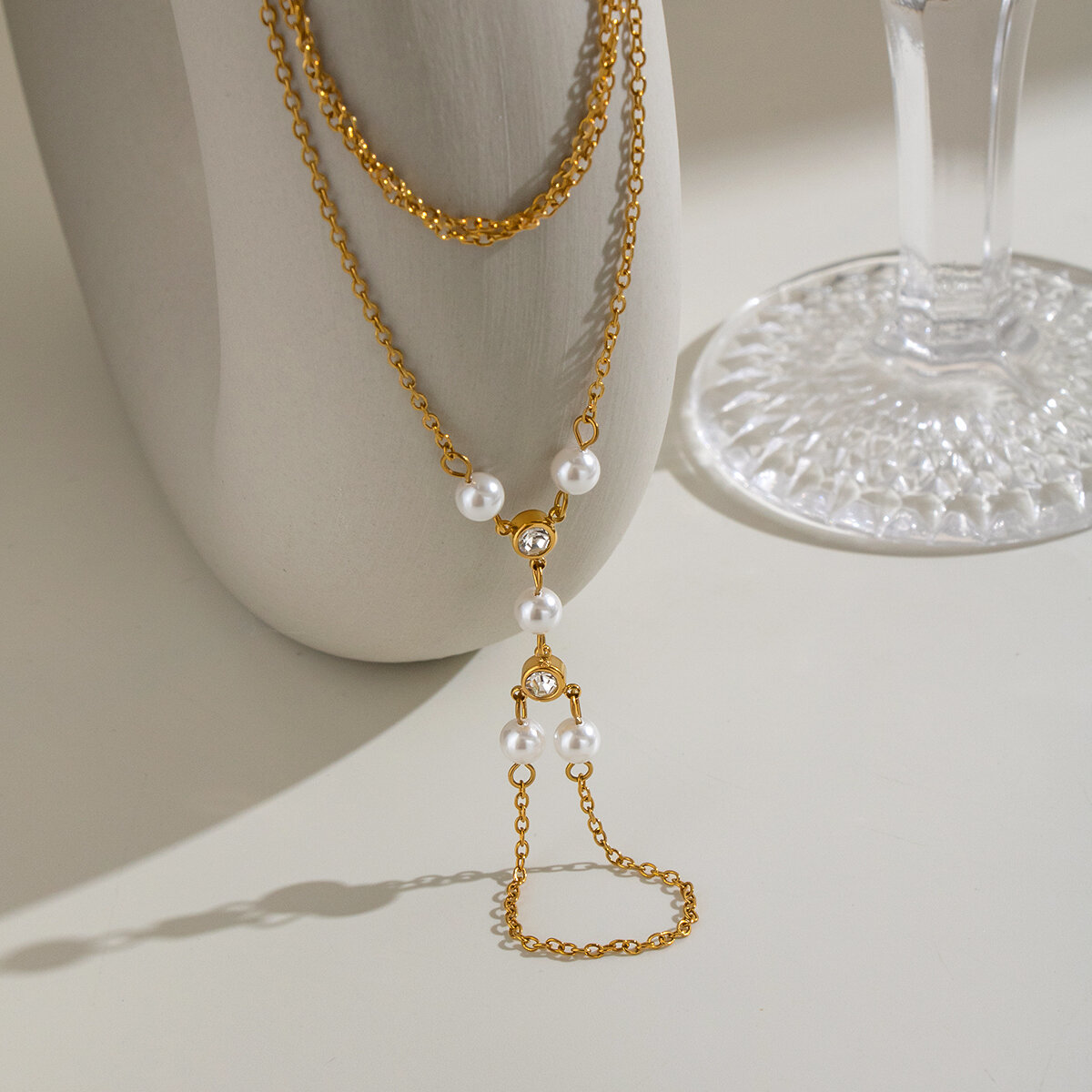 Chain Stainless Steel Waterproof Gold Color Artificial Pearl Women's Hand Chain h5 Picture4