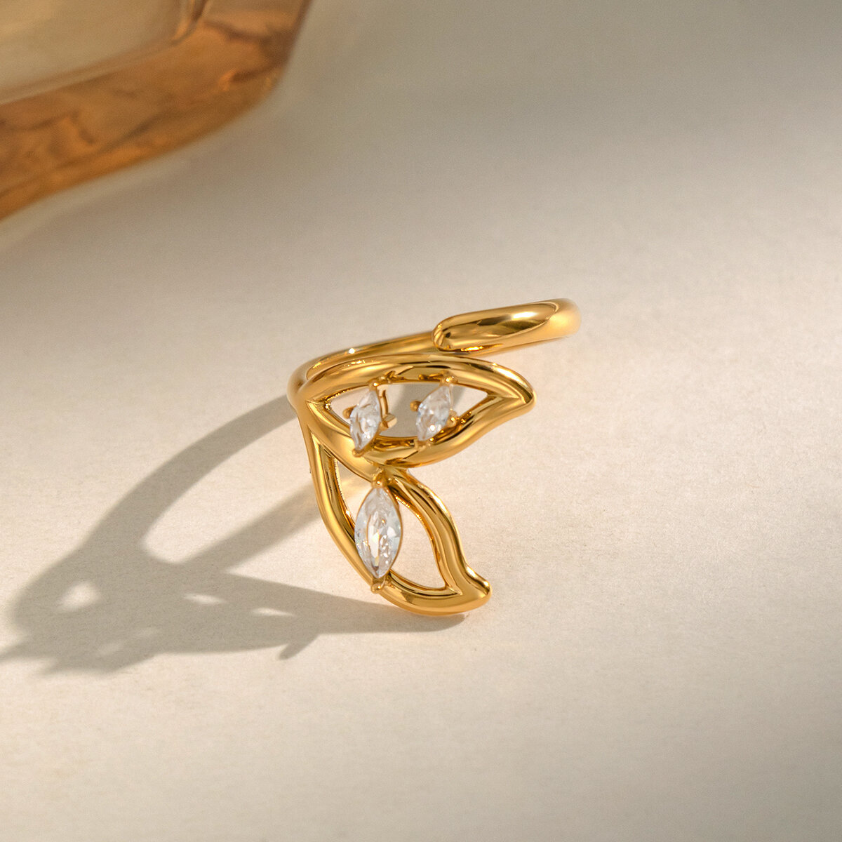 Irregular Shape Stainless Steel Waterproof Gold Color Zircon Women's Gemstone Rings h5 Picture5