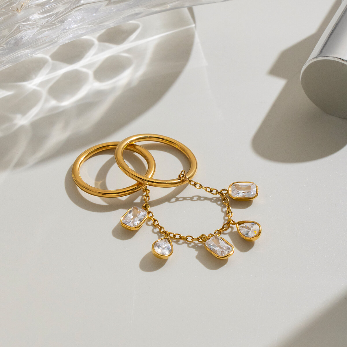 Tassel Stainless Steel Waterproof Gold Color Zircon Gemstone Rings h5 Picture6