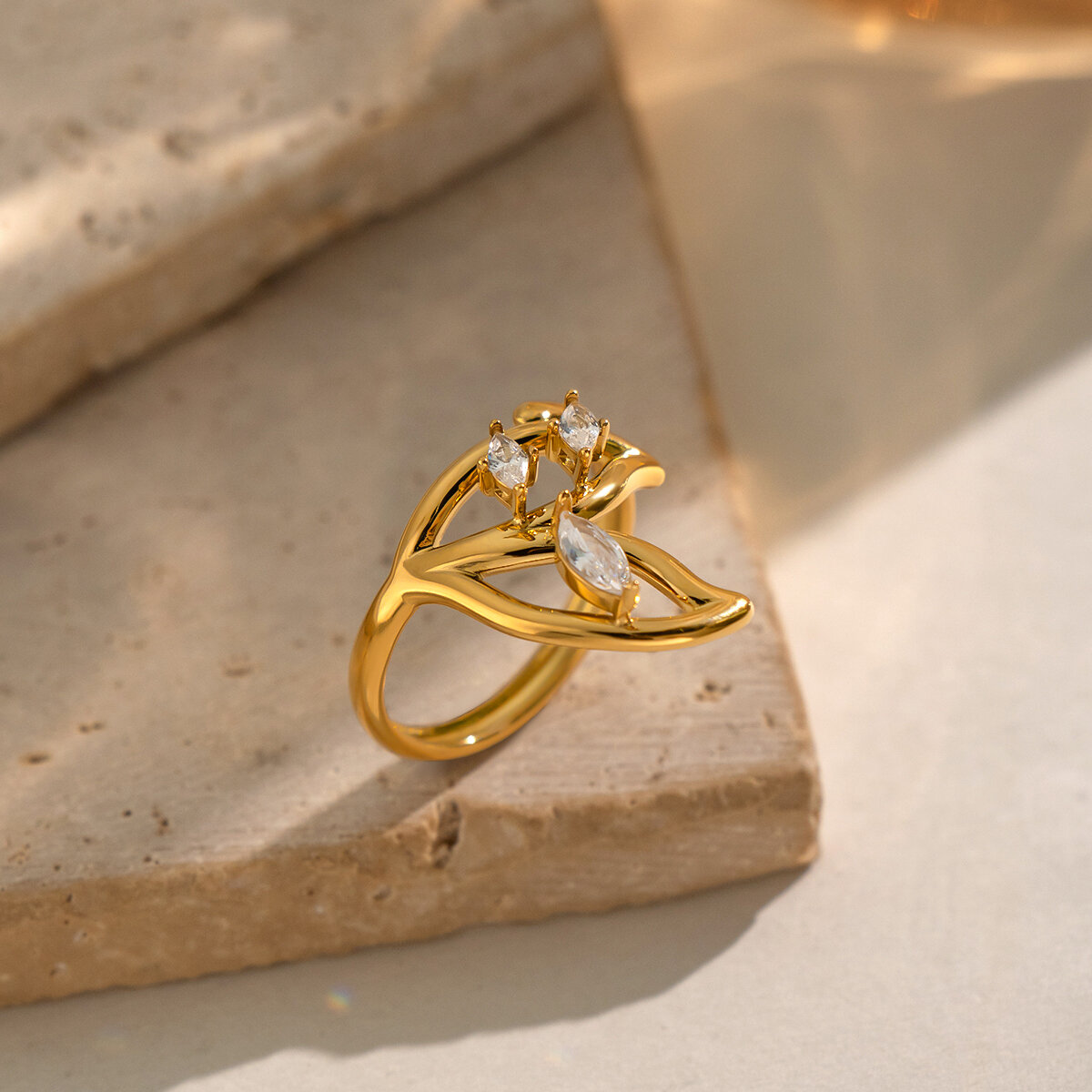 Irregular Shape Stainless Steel Waterproof Gold Color Zircon Women's Gemstone Rings h5 Picture4